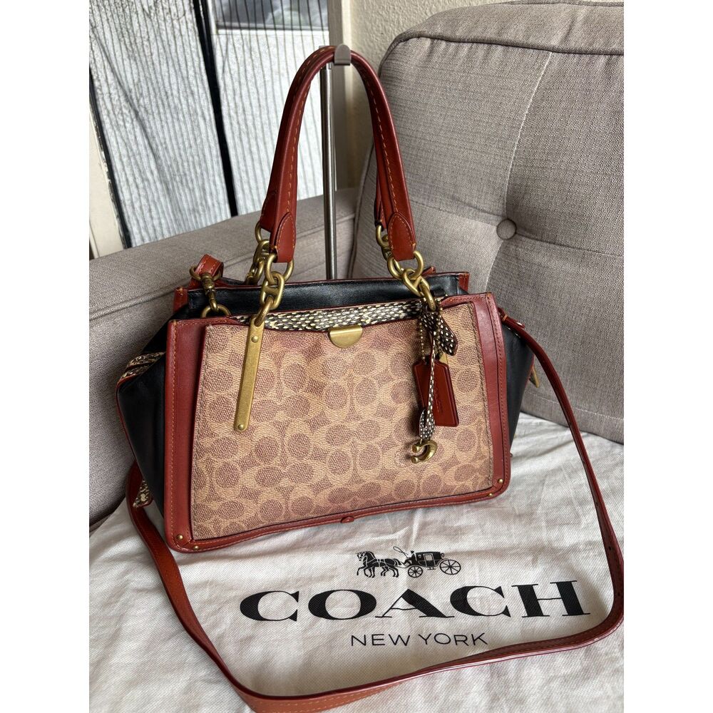 Coach Dreamer 27 In Signature Canvas Tan & Black W/ Snakeskin Detail Satchel Bag